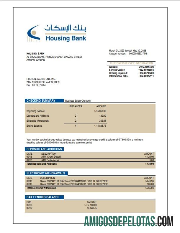 Baixável HBTF Bank Firm modelo de extrato de conta Word e PDF
